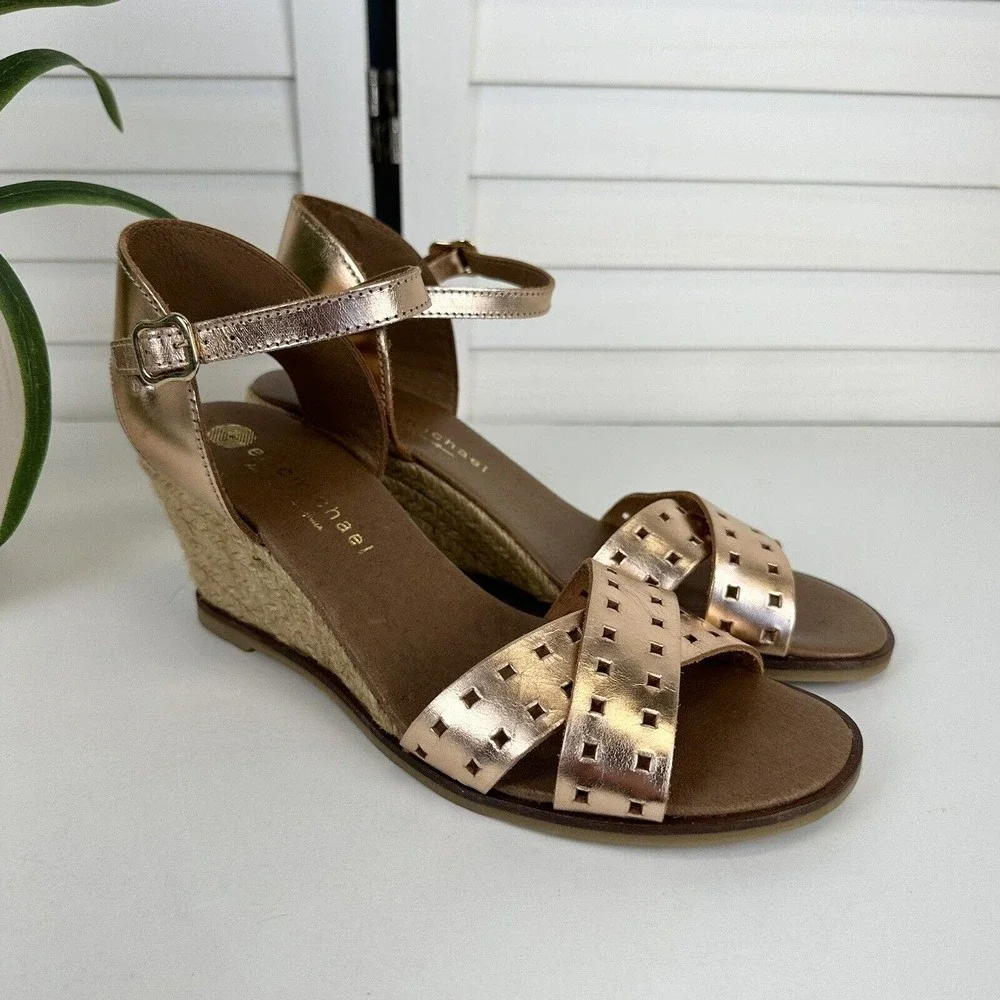 Eric Michael Rose Gold Metallic Espadrille Wedge Sandals Spain Shoes EU‎ 39 US 9